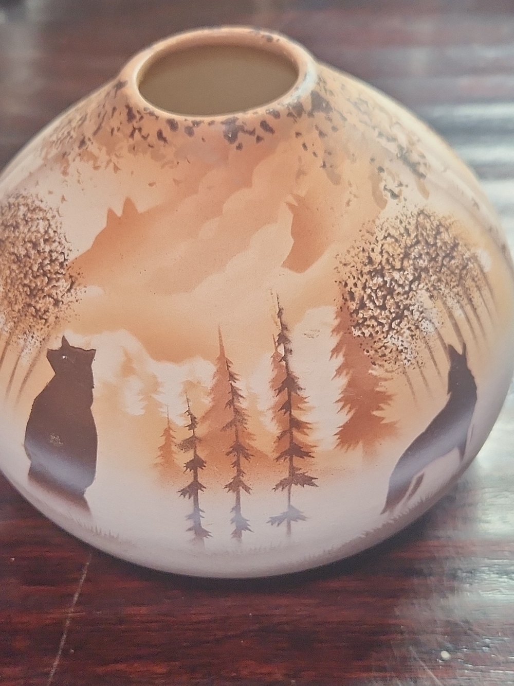 Hazoni Tribe Hand-Painted, Signed Forest Wolf Ceramic Vase - Beige Brown